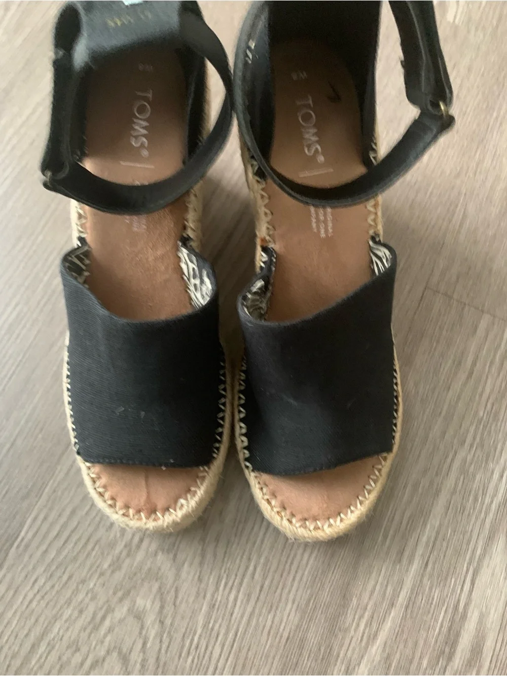 TOMS Black Canvas Espadrille Wedge Sandals with Ankle Strap